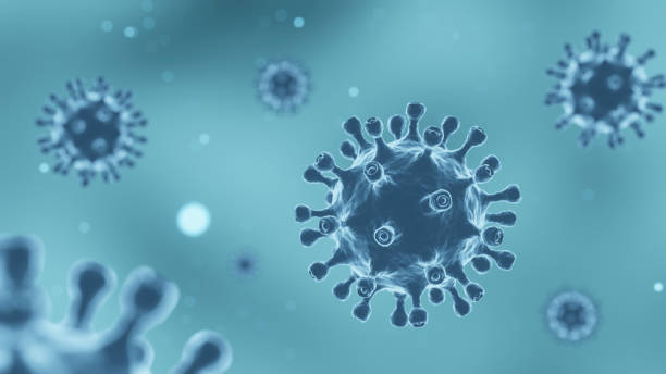 covid-19 corona virus with spike glycoprotein are floating on the air . blue color background . 3d rendering . - bacterial mat stockfoto's en -beelden