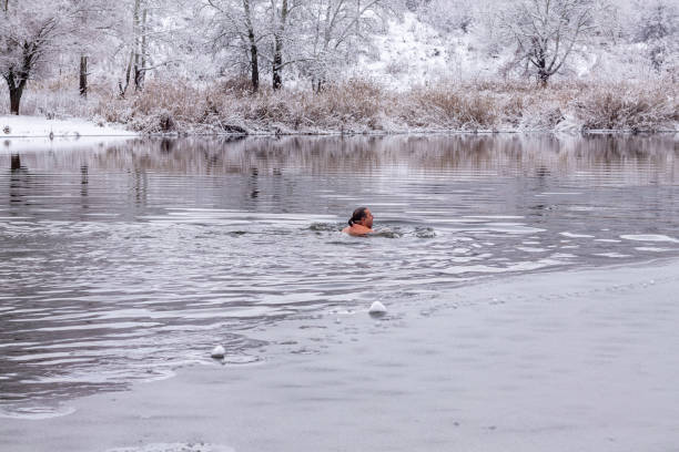mężczyzna w średnim wieku pływa w mroźny zimowy dzień wzdłuż rzeki na tle ośnieżonych drzew. koncepcja hartowania, zdrowego stylu życia - babcock state park zdjęcia i obrazy z banku zdjęć