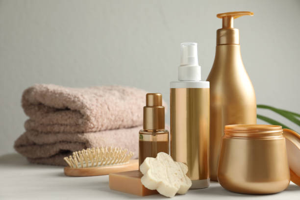 istock Composition with hair care cosmetic products on white table. Space for text 1363562788