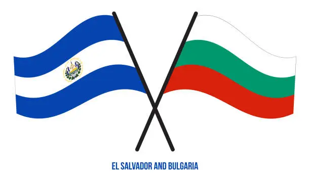 Vector illustration of El Salvador and Bulgaria Flags Crossed And Waving Flat Style. Official Proportion. Correct Colors.