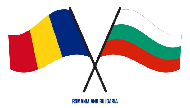 stockillustraties, clipart, cartoons en iconen met romania and bulgaria flags crossed and waving flat style. official proportion. correct colors. - roemenië