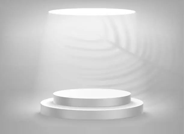 Vector illustration of Empty illuminated room with round podium and shadows of plant. Realistic 3d vector illustration