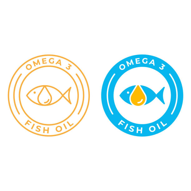 illustrazioni stock, clip art, cartoni animati e icone di tendenza di olio di pesce, etichetta omega 3. modello di icona vettoriale - omega three