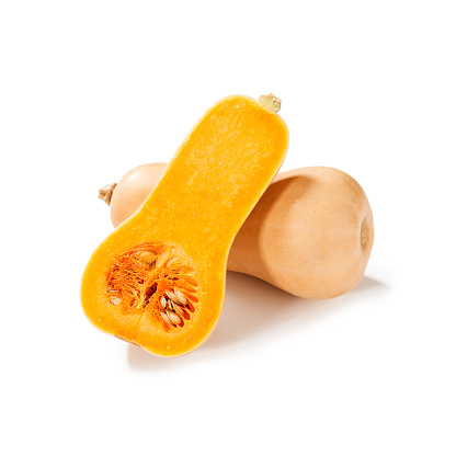 Raw ripe sliced butternut squash isolated on white background
