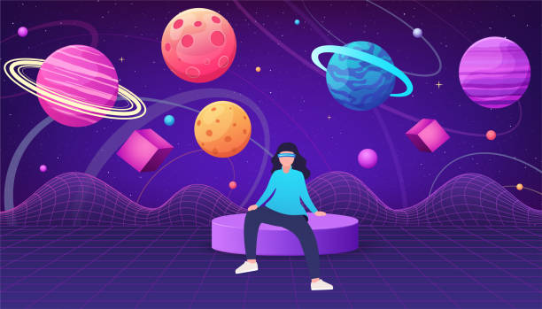Virtual reality concept, metaverse. Girl in virtual reality glasses in space among planets. Virtual reality concept, metaverse. Girl in virtual reality glasses in space among planets. meta description stock illustrations