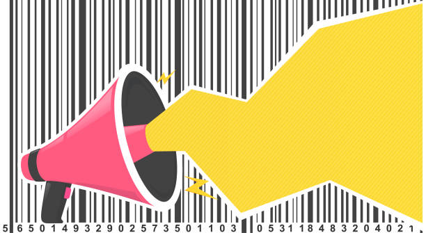 głośnik z żółtą bańką tekstową i kodem kreskowym. ogłoszenie megafon o ogłoszeniach, promocjach, marketingu. - digital enhancement audio stock illustrations
