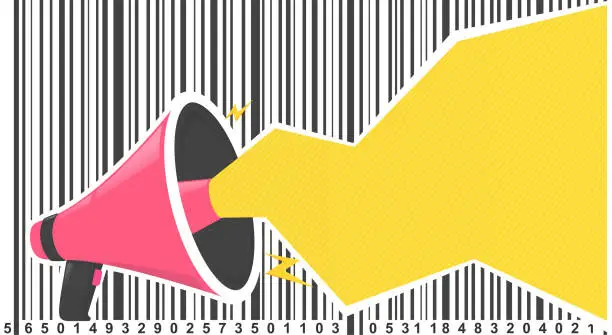 Vector illustration of Loudspeaker with yellow text bubble and barcode. Megafon announcement for announcements, promotions, marketing.
