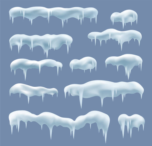 illustrazioni stock, clip art, cartoni animati e icone di tendenza di cumuli di neve con ghiaccioli di ghiaccio su sfondo blu. calotte di ghiaccio ghiacciate, elementi decorativi invernali di natale e capodanno. - icicle ice backgrounds melting