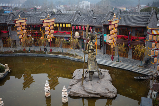 Lushan, China - Jan 8, 2022: Zhelin Old Town food culture and Innovation Park was built, with ancient flavor. Including snacks, business, Internet celebrity, performance, culture, leisure and so on.