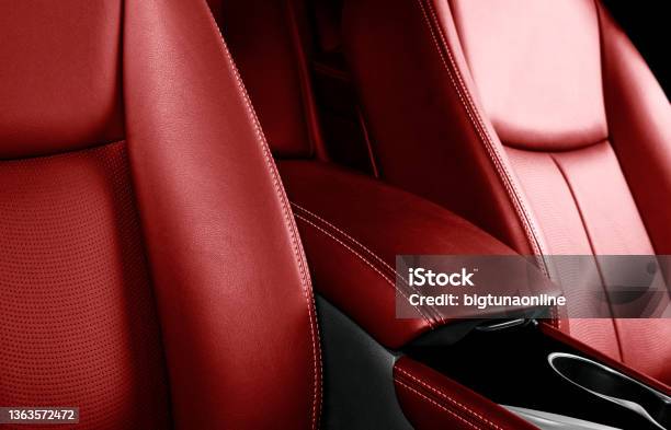 Luxury Car Red Leather Interior Part Of Leather Car Seat Details With Stitching Comfortable Perforated Red Leather Seats Red Perforated Leather Car Inside Stock Photo - Download Image Now