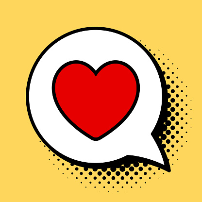 Red heart in a speech bubble with halftone shadow. Carefully layered and grouped for easy editing.