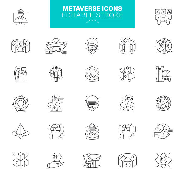 Metaverse Icons Editable Stroke. Contains such icons as Virtual reality, NFT, Avatar, VR, Smart glasses vector art illustration