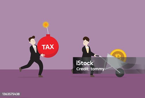istock A businessman with a cryptocurrency coin runs away from a tax bomb 1363575438