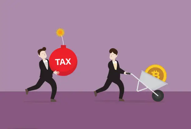 Vector illustration of A businessman with a cryptocurrency coin runs away from a tax bomb