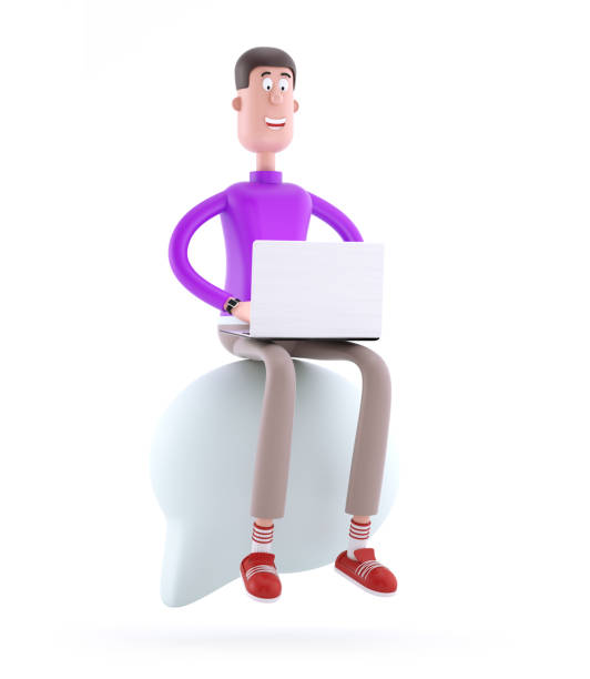 Cartoon businessman with laptop and speech bubble isolated on white