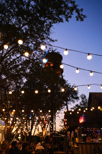 Wide shot of Hanging light bulbs in outdoor terrace, warm light source . Vertical shot Wide shot of Hanging light bulbs in outdoor terrace, warm light source. bar exterior stock pictures, royalty-free photos & images