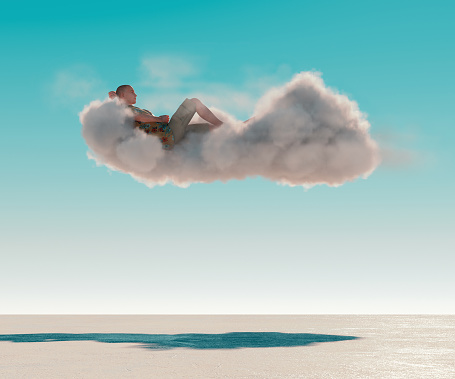 Man relaxing on a cloud . Contemplation and aspirations concept . This is a 3d render illustration .