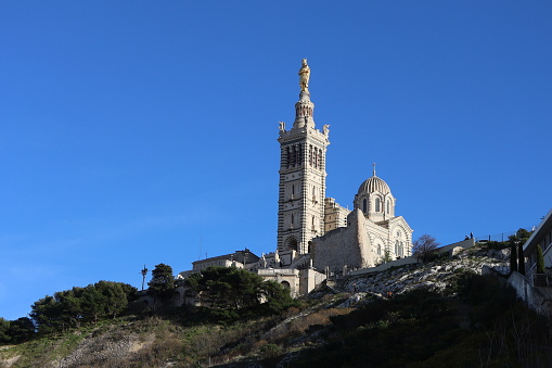 The Basilica of Notre Dame de la Garde, seen from the outside, city of Marseille, Department of Bouches du Rhône, France
