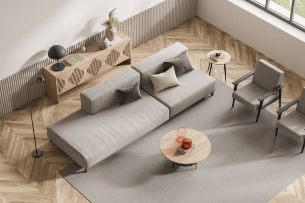 istock Top view on bright living room interior with brown sofa 1363584024