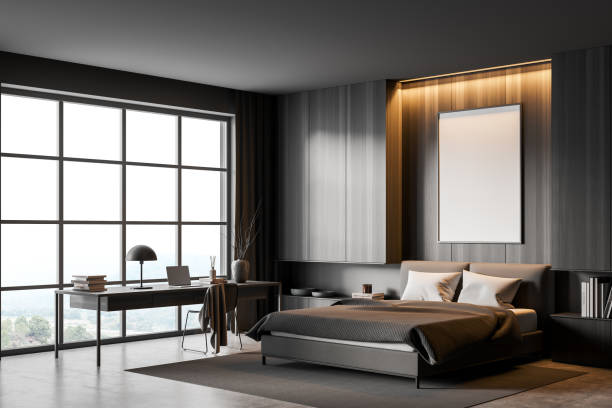 istock Wall mockup with illumination in dark grey bedroom. Corner view. 1363584125