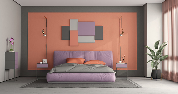 Colorful bedroom with modern double bed and decor frame on wall - 3d rendering\nroom does not exist in reality, Property model is not necessary