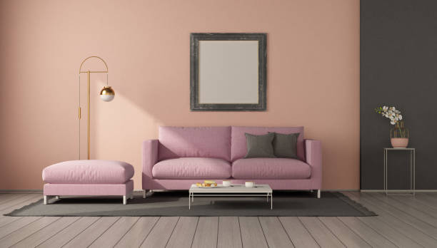 istock Minimalist living room with pink sofa 1363584236