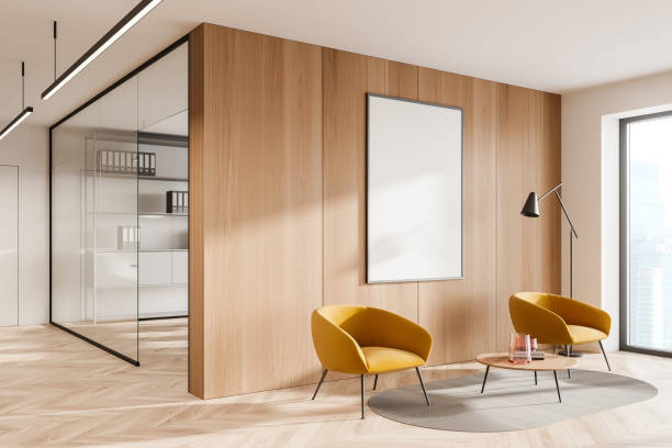 Mockup over guest seating with two yellow armchairs in modern office hall