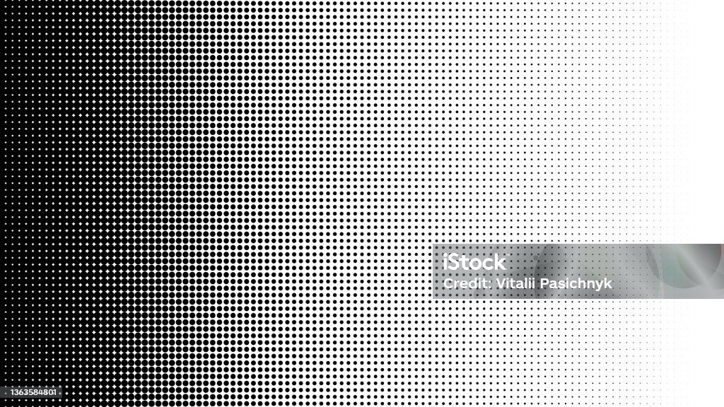 Gradient of halftone black dots on a white background. Pop art texture. Comic background. Vector illustration. - Royalty-free Gespikkeld vectorkunst Gradient of halftone black dots on a white background. Pop art texture. Comic background. Vector illustration. - Royalty-free Gespikkeld vectorkunst