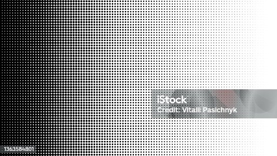 istock Gradient of halftone black dots on a white background. Pop art texture. Comic background. Vector illustration. 1363584801