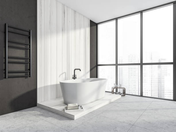 istock White wood bathtub area in grey bathroom. Corner view 1363584906