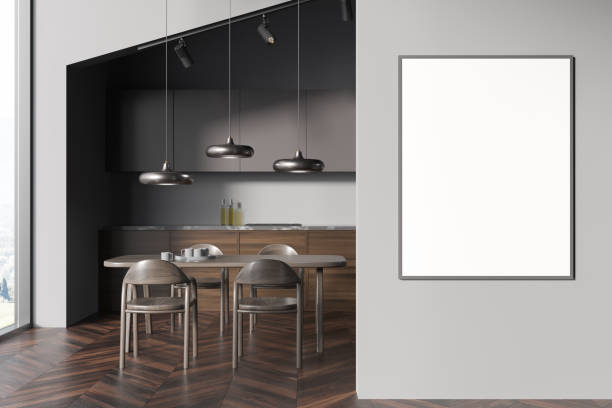 istock Dark kitchen interior with dining table and chairs, window and mockup poster 1363585040