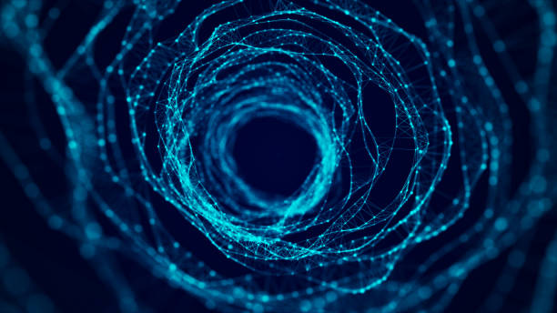 istock Abstract dynamic wireframe tunnel on blue background. Deep wavy wormhole. Futuristic particle flow. 3d rendering. 1363585295