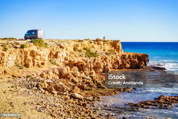 Camper Van On Sea Cliff Camping Stock Photo - Download Image Now - Motor Home, Beach, Camping
