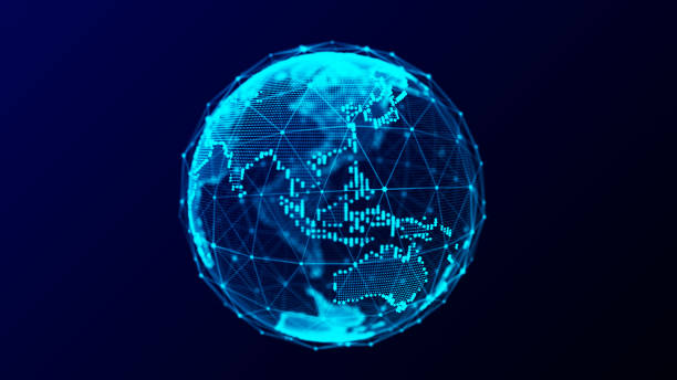 istock Abstract planet Earth with particles and a connected shell with lines. Global network connection. 1363585384