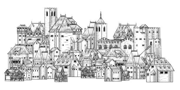 Old Medieval Town City Village Vintage Woodcut An old medieval town, city or village buildings drawing or map design element in a vintage engraved woodcut style norman style stock illustrations