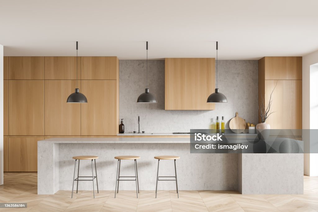 Kitchen Set Inside Light Kitchen Set Interior With Table And Three Seats Shelves And ...