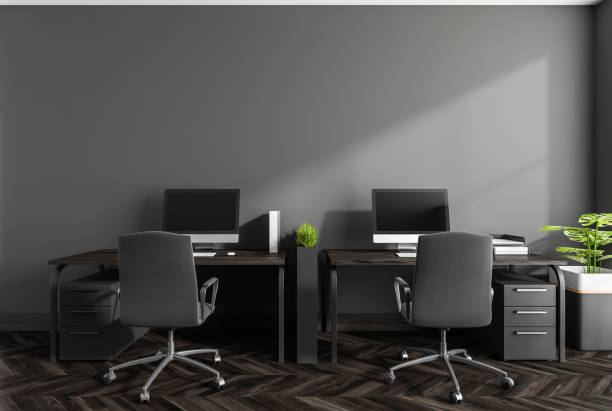 istock Dark business room interior with two seats, table with pc, mockup 1363586349