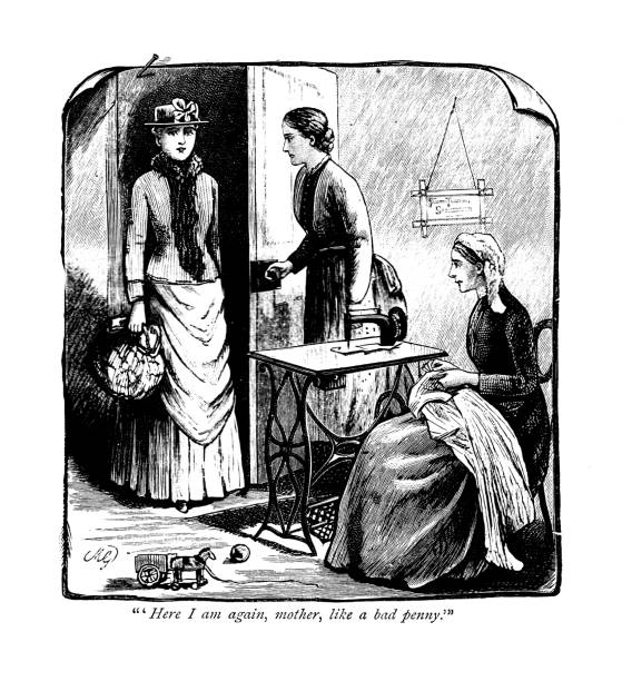 ilustrações, clipart, desenhos animados e ícones de gravura do século xix; três mulheres em uma sala de costureiras; narrativa; nossa própria gazeta 1888 - women century 19th victorian style