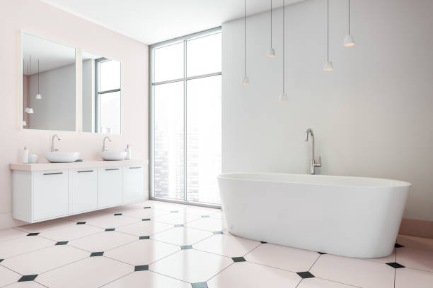 istock Light bathroom interior with bathtub, sinks with mirror and panoramic windows 1363586480