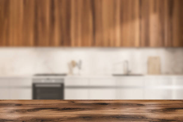 istock Light kitchen set interior with shelves and appliances blurred, mockup 1363586513