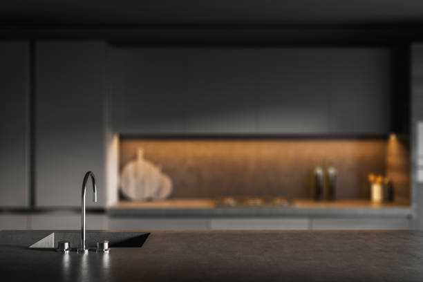 istock Dark kitchen interior with shelf and stove blurred, mockup 1363586746