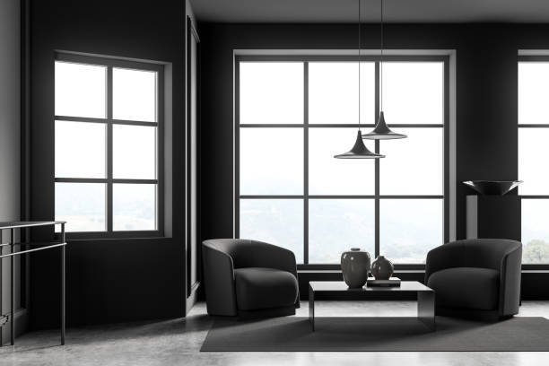 istock Dark grey living room with stylish windows 1363586945
