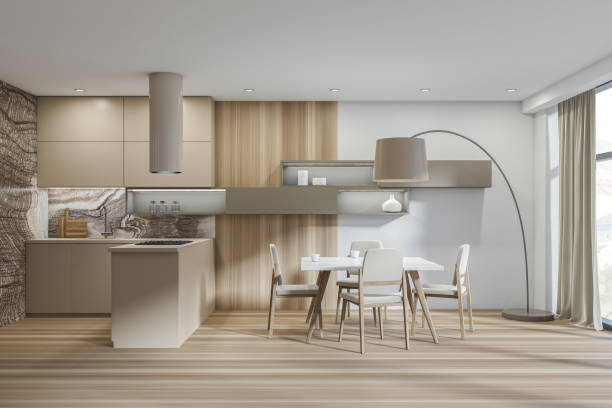 istock Kitchen room interior with four beige chairs, lamp, panoramic window 1363587676