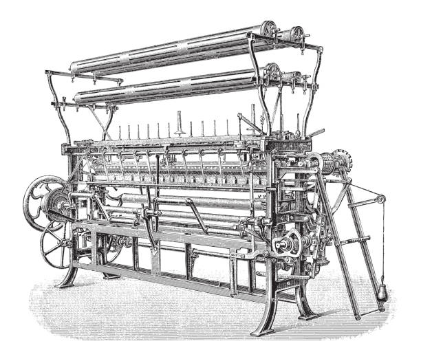 stare krosno dziewiarskie - grawerowana ilustracja w stylu vintage - textile industry textile wool textile factory stock illustrations