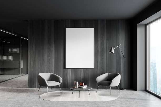 istock Grey waiting room interior, two chairs and coffee table near window. Mockup 1363587976