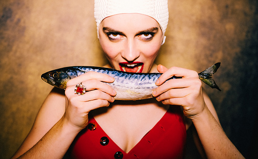 Beauty, fish, vintage, art, swimming cup, close-up, fun, young woman, beauty, rough, luxury, portrait, retro style, fashion,