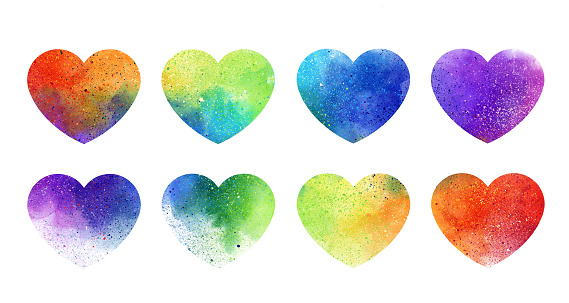 Bright  hearts in love - artistic watercolor background inside. Valentine's Day, Wedding Day, Mother's Day and everyone in love. Set of multi-colored hearts on a white background.