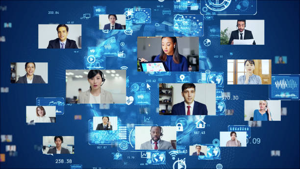 istock Screens of distributors in cyberspace. Video conference. Web meeting. Vlog. Webinar. Broadcasting. 1363594073