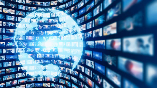 concetto di rete di comunicazione globale. contenuti digitali. servizio di social networking. streaming video. trasmissioni mondiali. - streaming media service foto e immagini stock