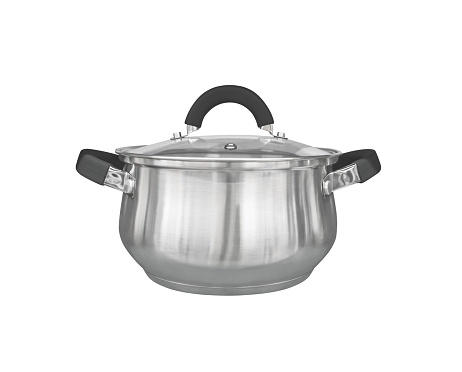 Stainless steel cooking pot with glass lid isolated on white background